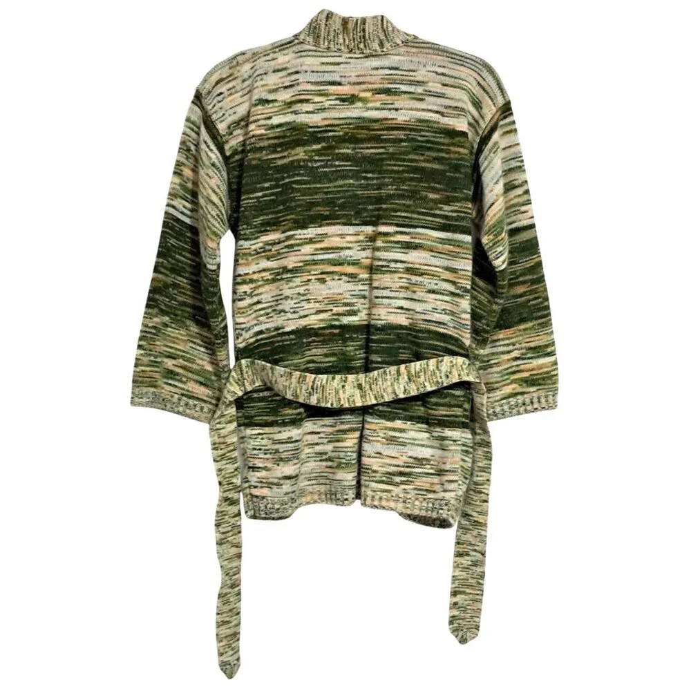 Vintage 70s Pandora Green & Cream Knit Open Front Cardigan Sweater With Belt - Picture 4 of 8